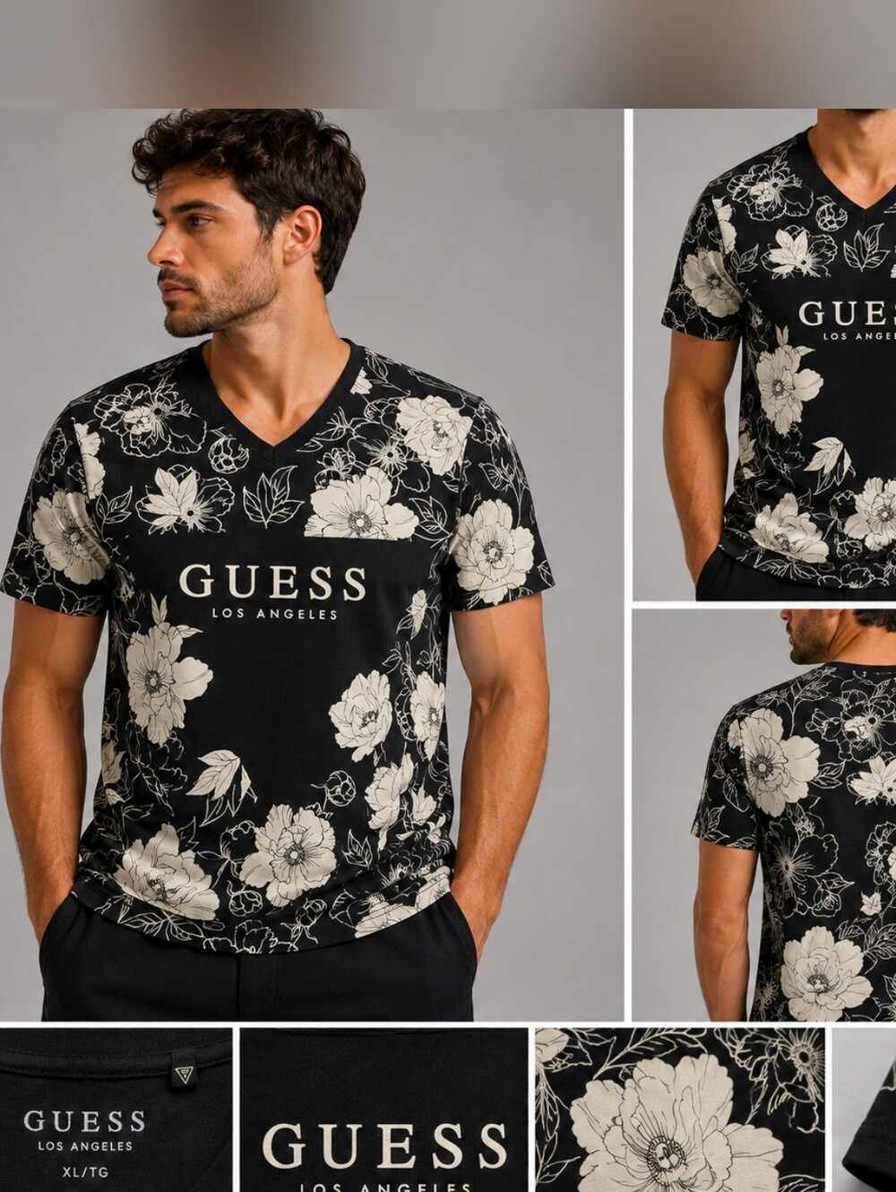 GUESS Men's Wilhelm Floral V-Neck T-Shirt Black White XL NWT